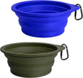 2-Pack Silicone Collapsible Dog Bowls, BPA Free Dishwasher Safe, Portable Foldable Expandable Travel Bowl, Food Water Feeding Cup Dish for Dogs Cats with 2 Carabiners (Army Green, Blue)