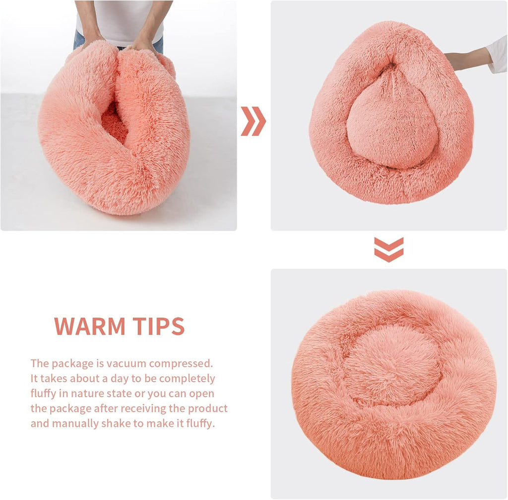 Calming Dog & Cat Bed - Anti-Anxiety Donut Design, Machine Washable, 20X20Inch Pink